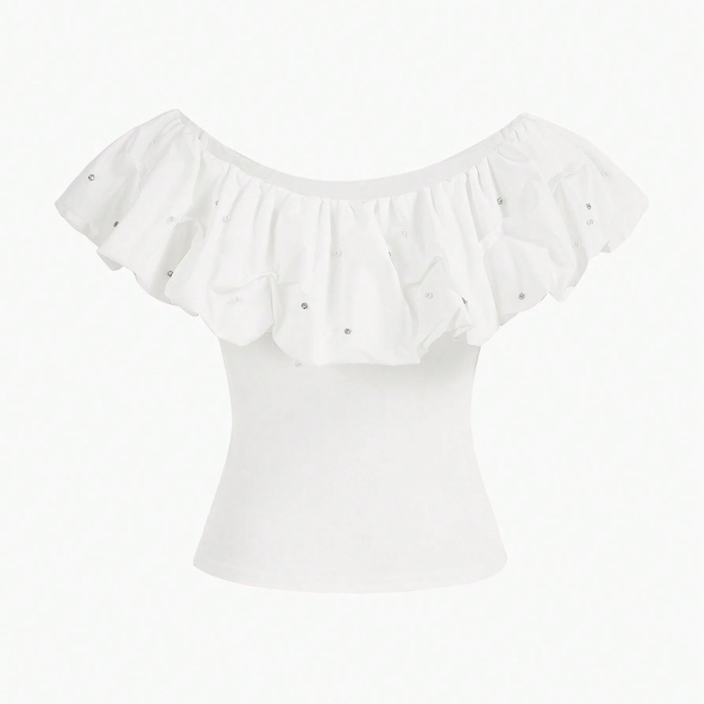 MOTF Premium White Silver Rhinestone Ruffle Trim Top | L | NWOT